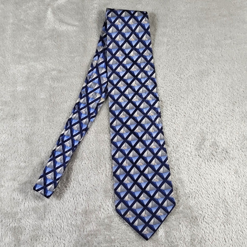 Vintage Ermenegildo Zegna Tie Mens 56X4 Blue Geometric Grid Silk Made In Italy